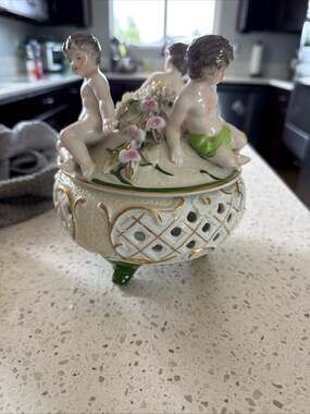 Vintage Ardco Porcelain Cherub Jewelry Box With Floral Decoration